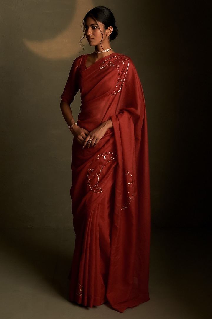 Crimson Mul Chanderi & Voil Embroidered Party Wear Saree Set by Charkhee at Pernia's Pop Up Shop