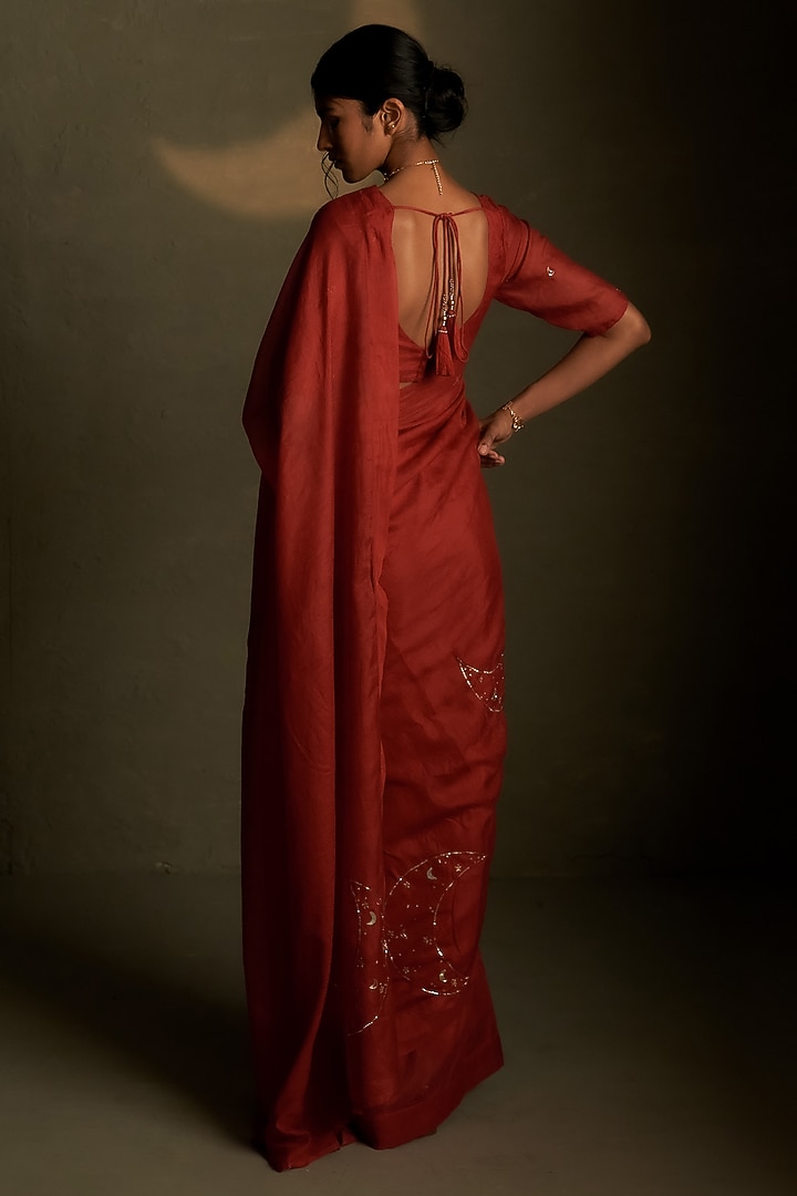 Crimson Mul Chanderi & Voil Embroidered Party Wear Saree Set by Charkhee at Pernia's Pop Up Shop