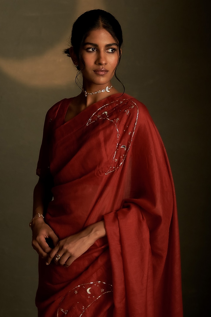 Crimson Mul Chanderi & Voil Embroidered Party Wear Saree Set by Charkhee at Pernia's Pop Up Shop