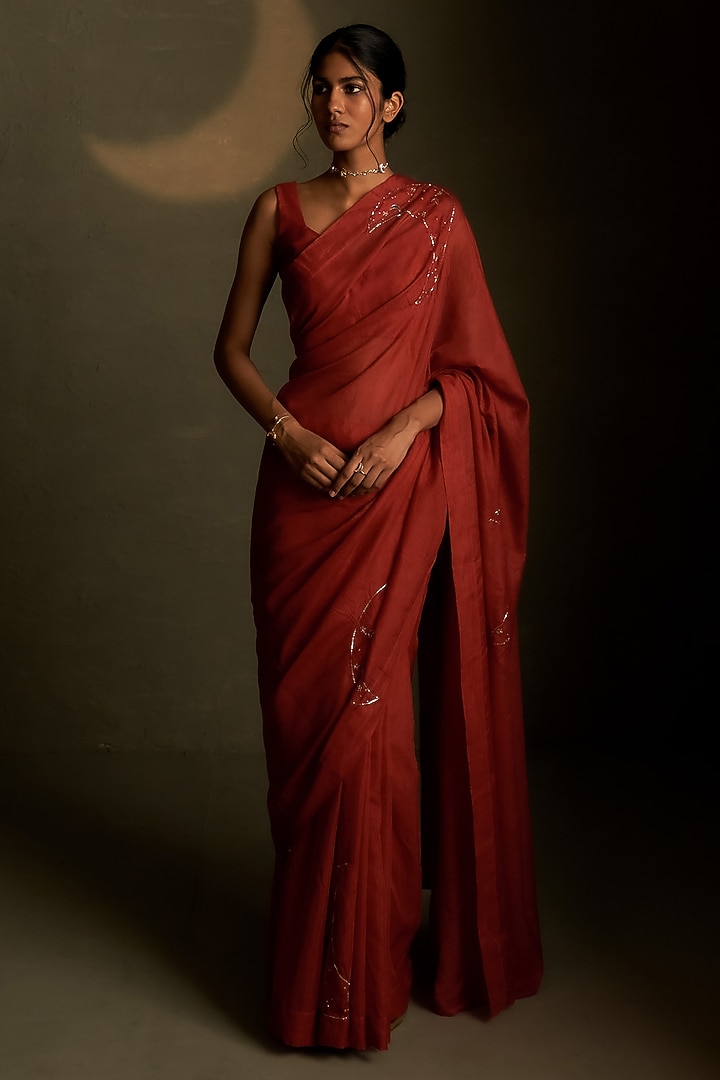 Crimson Mul Chanderi & Voil Embroidered Party Wear Saree Set by Charkhee at Pernia's Pop Up Shop