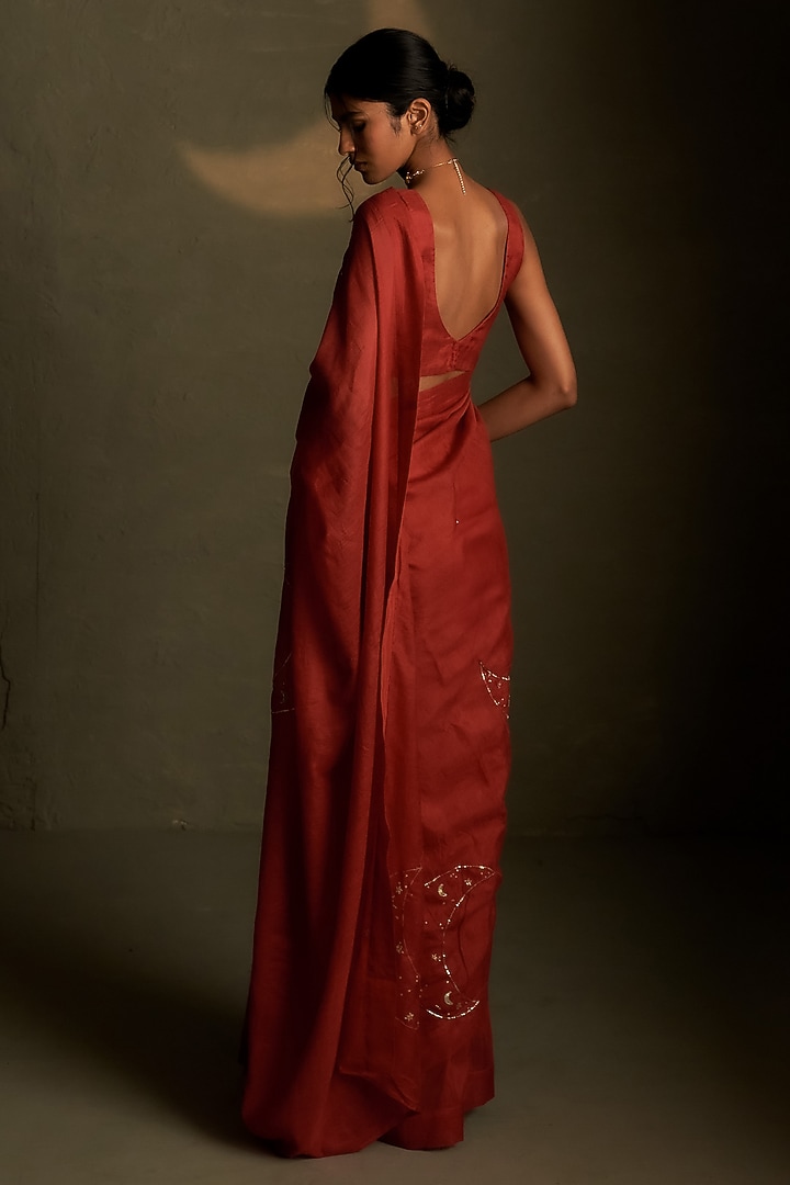 Crimson Mul Chanderi & Voil Embroidered Party Wear Saree Set by Charkhee at Pernia's Pop Up Shop