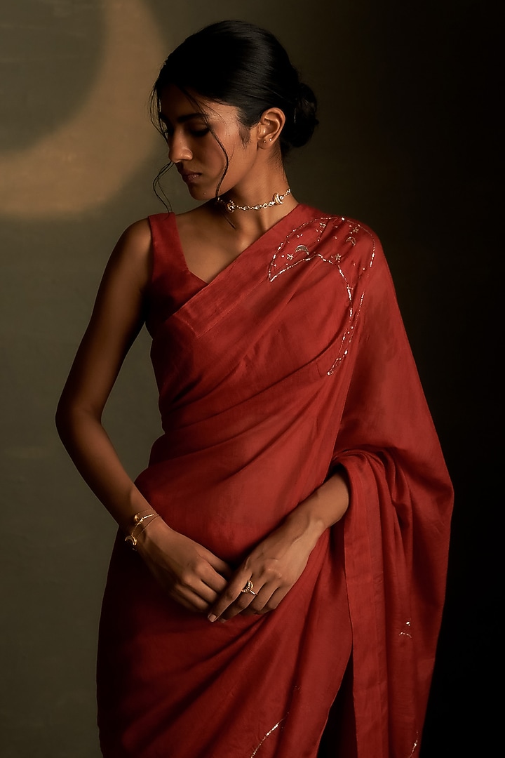 Crimson Mul Chanderi & Voil Embroidered Party Wear Saree Set by Charkhee at Pernia's Pop Up Shop