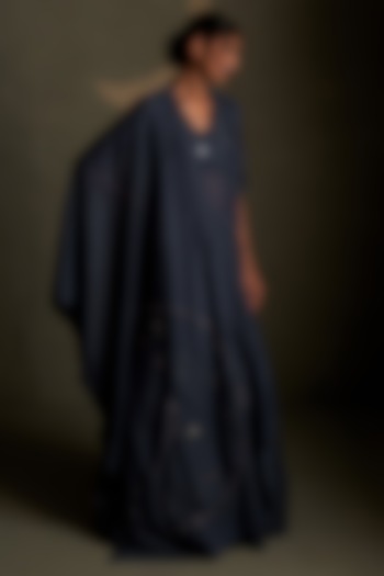 Blue Dusk Mul Chanderi & Voil Hand Embroidered Wedding Lehenga Set by Charkhee at Pernia's Pop Up Shop