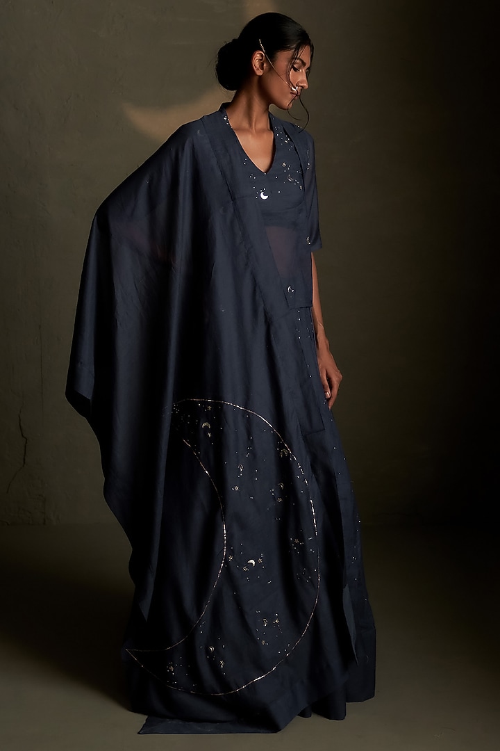 Blue Dusk Mul Chanderi & Voil Hand Embroidered Wedding Lehenga Set by Charkhee at Pernia's Pop Up Shop