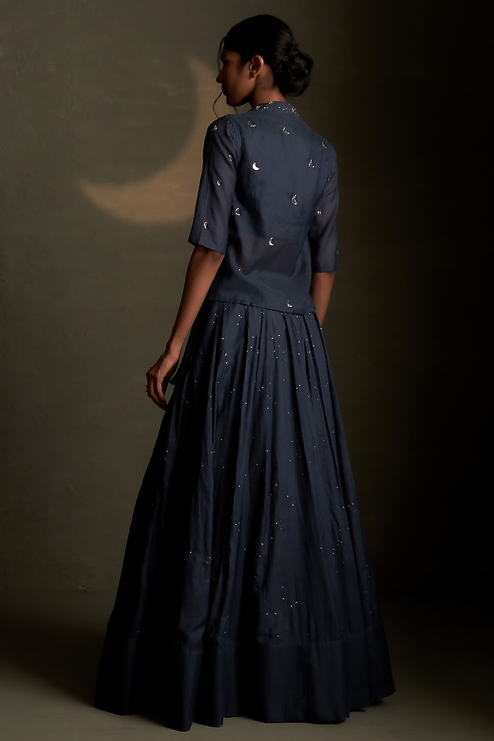 Blue Dusk Mul Chanderi & Voil Hand Embroidered Wedding Lehenga Set by Charkhee at Pernia's Pop Up Shop