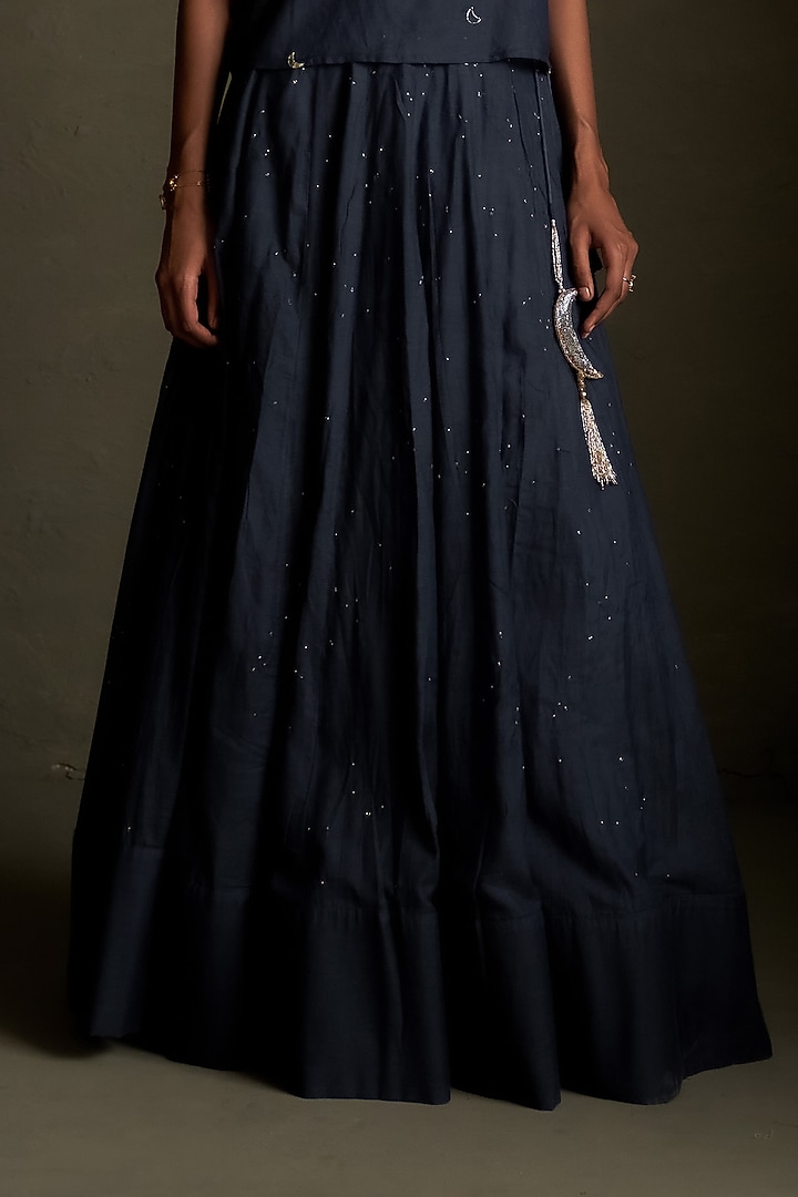 Blue Dusk Mul Chanderi & Voil Hand Embroidered Wedding Lehenga Set by Charkhee at Pernia's Pop Up Shop