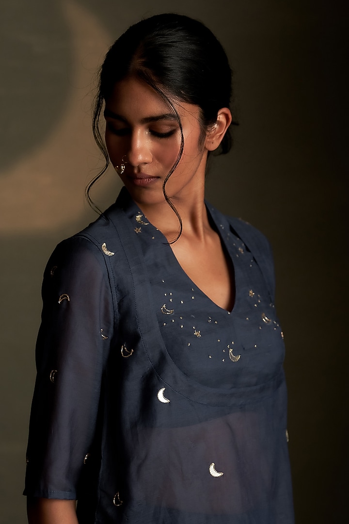 Blue Dusk Mul Chanderi & Voil Hand Embroidered Wedding Lehenga Set by Charkhee at Pernia's Pop Up Shop