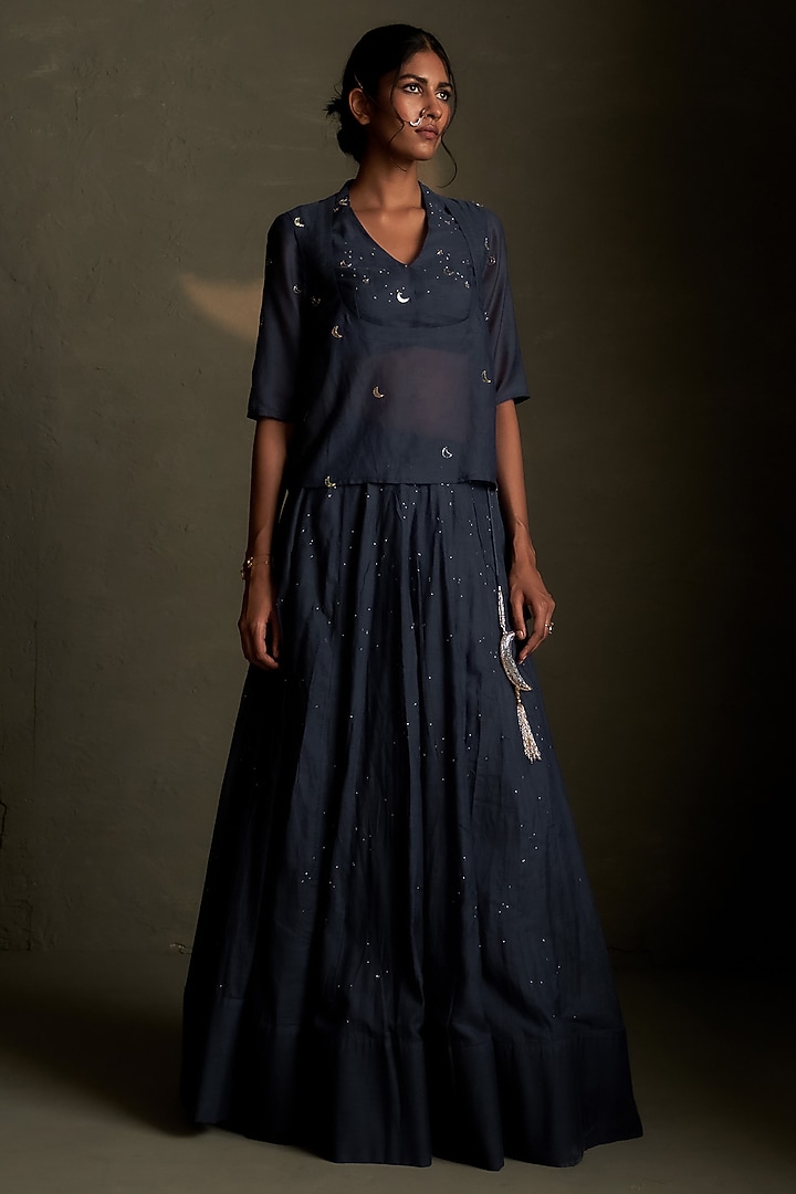 Blue Dusk Mul Chanderi & Voil Hand Embroidered Wedding Lehenga Set by Charkhee at Pernia's Pop Up Shop