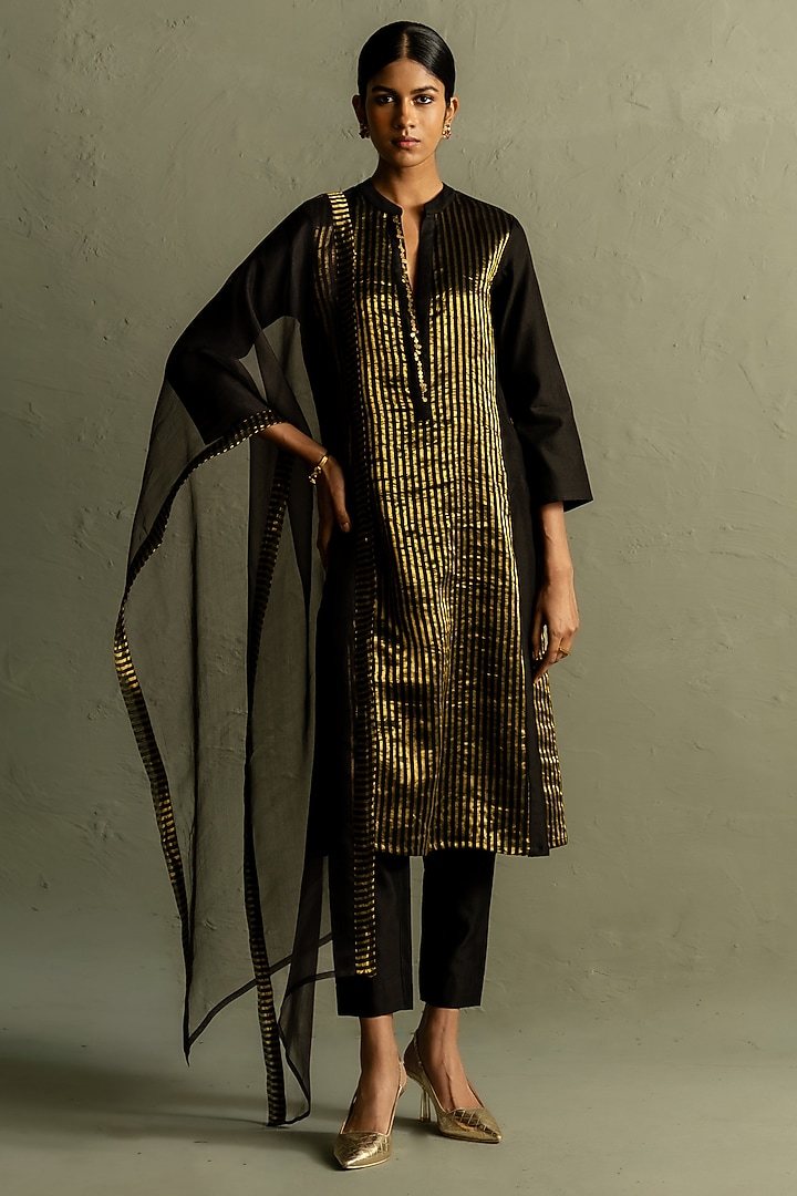 Black Tissue & Chanderi Striped Kurta Set by Charkhee at Pernia's Pop Up Shop