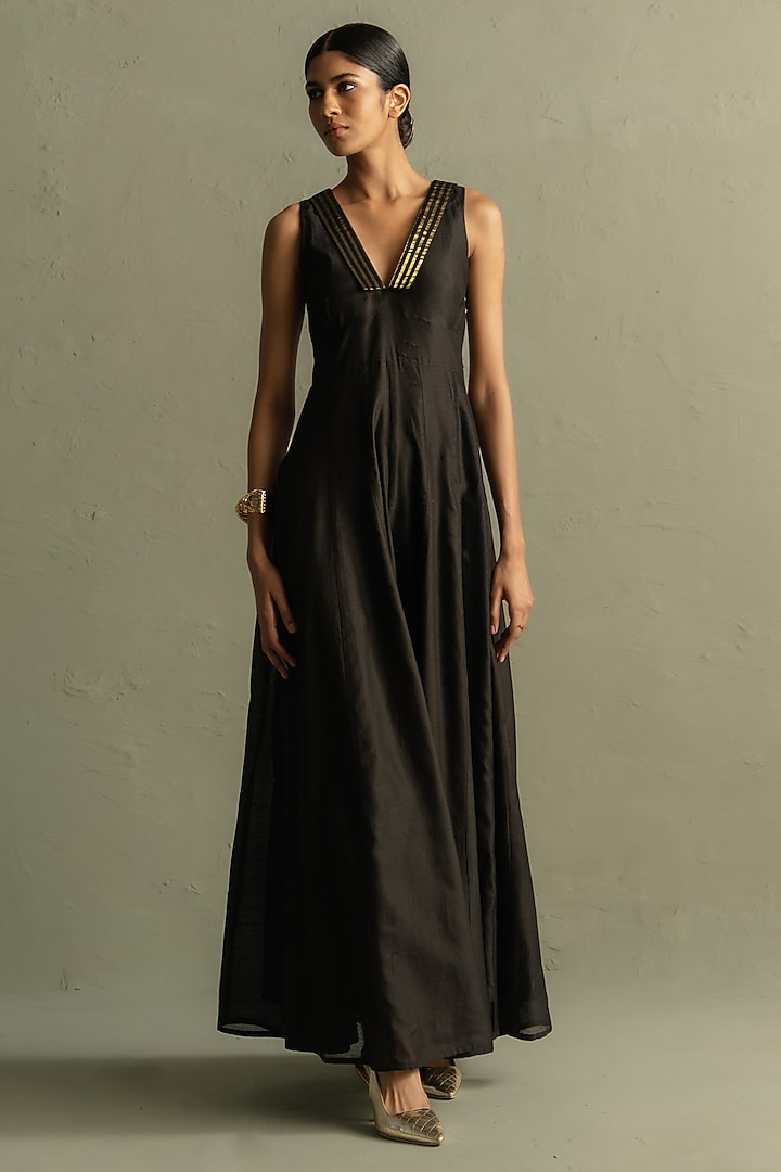 Black Chanderi & Tissue Striped Maxi Vacation Dress by Charkhee at Pernia's Pop Up Shop
