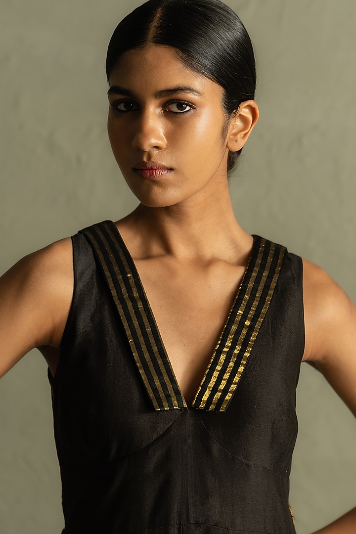Black Chanderi & Tissue Striped Maxi Vacation Dress by Charkhee at Pernia's Pop Up Shop