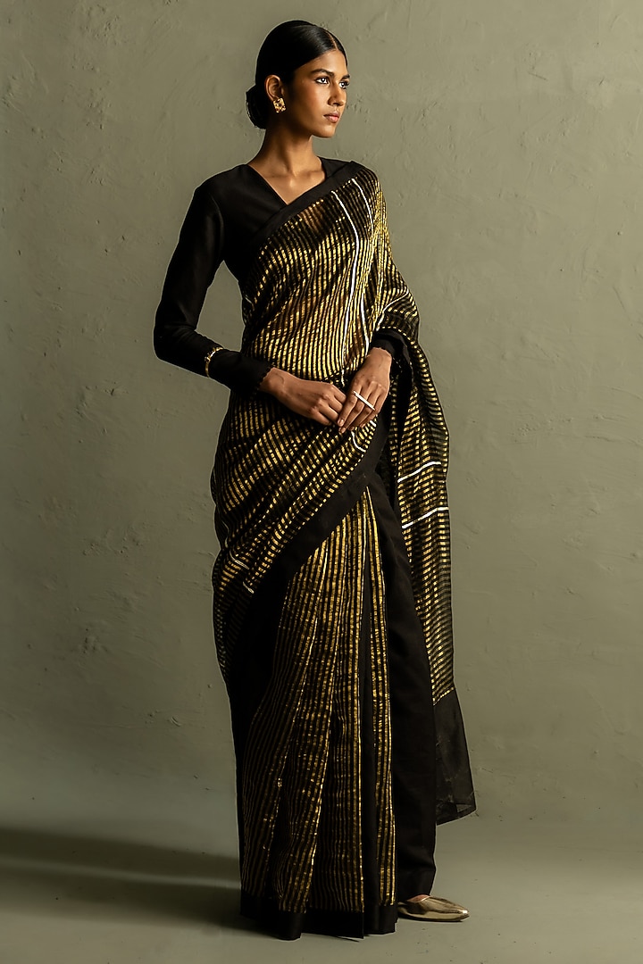 Black Tissue Gota Striped Wedding Saree Set by Charkhee at Pernia's Pop Up Shop