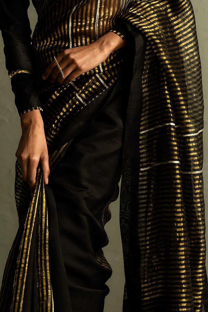 Black Tissue Gota Striped Wedding Saree Set by Charkhee at Pernia's Pop Up Shop