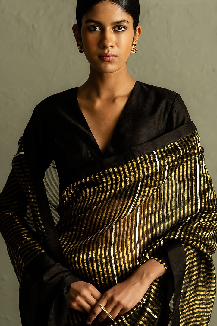 Black Tissue Gota Striped Wedding Saree Set by Charkhee at Pernia's Pop Up Shop
