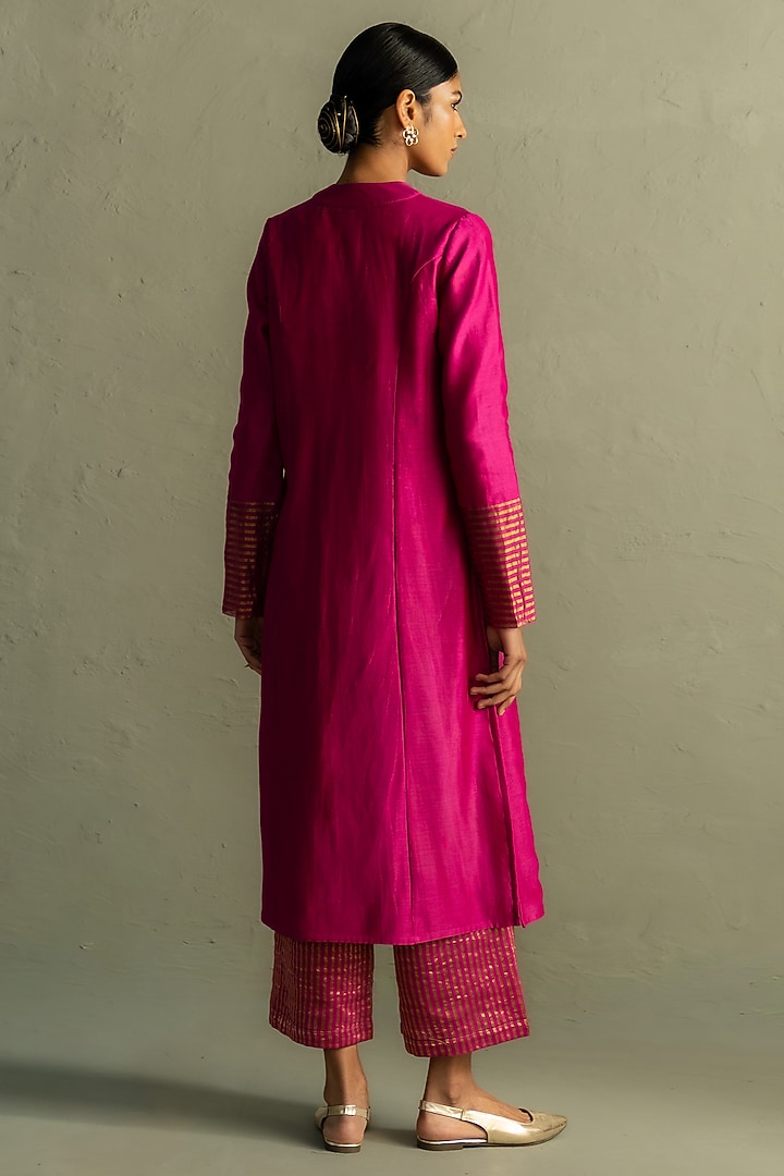 Fuchsia Pink Chanderi & Tissue Striped Kurta Set by Charkhee at Pernia's Pop Up Shop