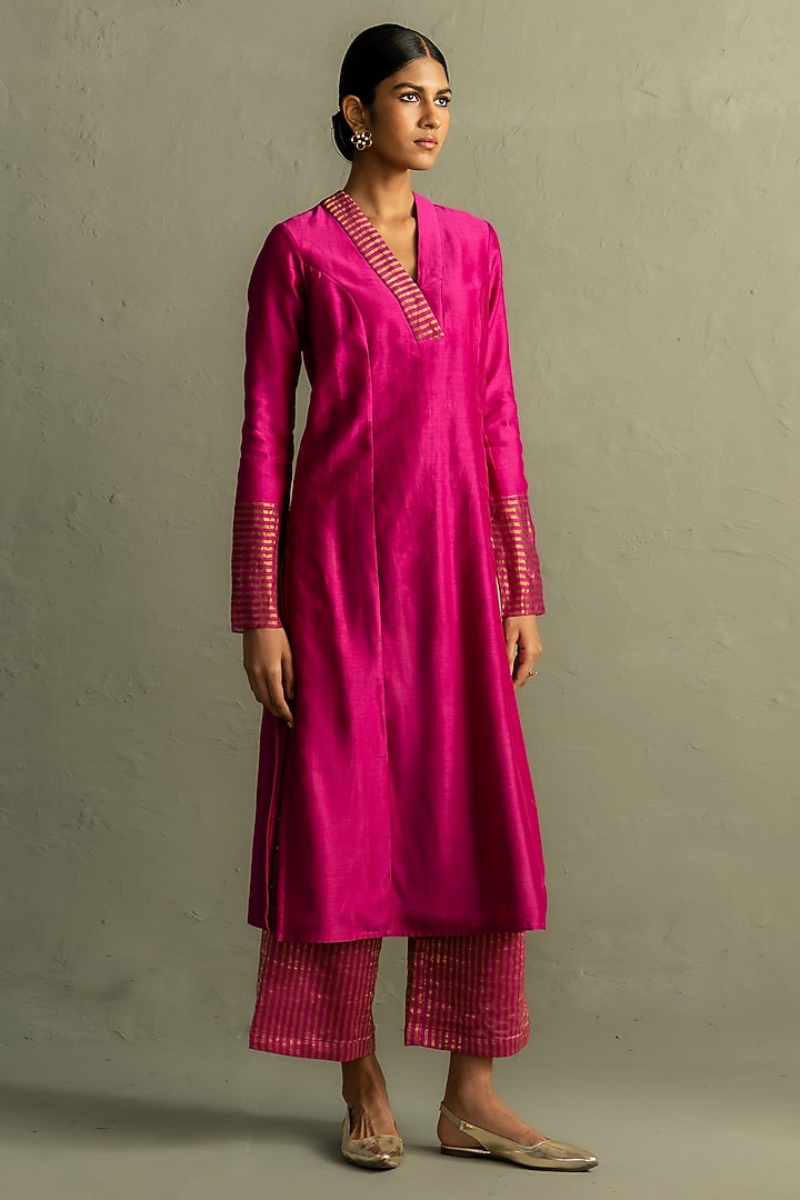 Fuchsia Pink Chanderi & Tissue Striped Kurta Set by Charkhee at Pernia's Pop Up Shop