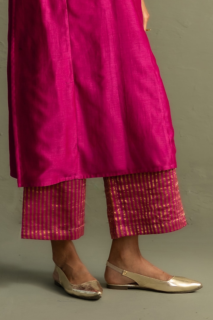 Fuchsia Pink Chanderi & Tissue Striped Kurta Set by Charkhee at Pernia's Pop Up Shop