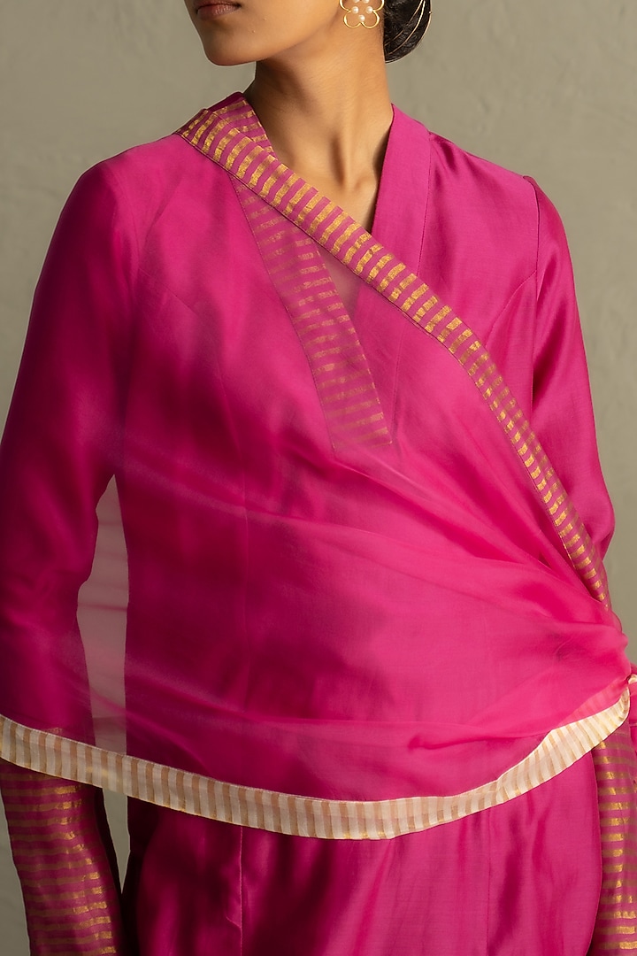 Fuchsia Pink Chanderi & Tissue Striped Kurta Set by Charkhee at Pernia's Pop Up Shop