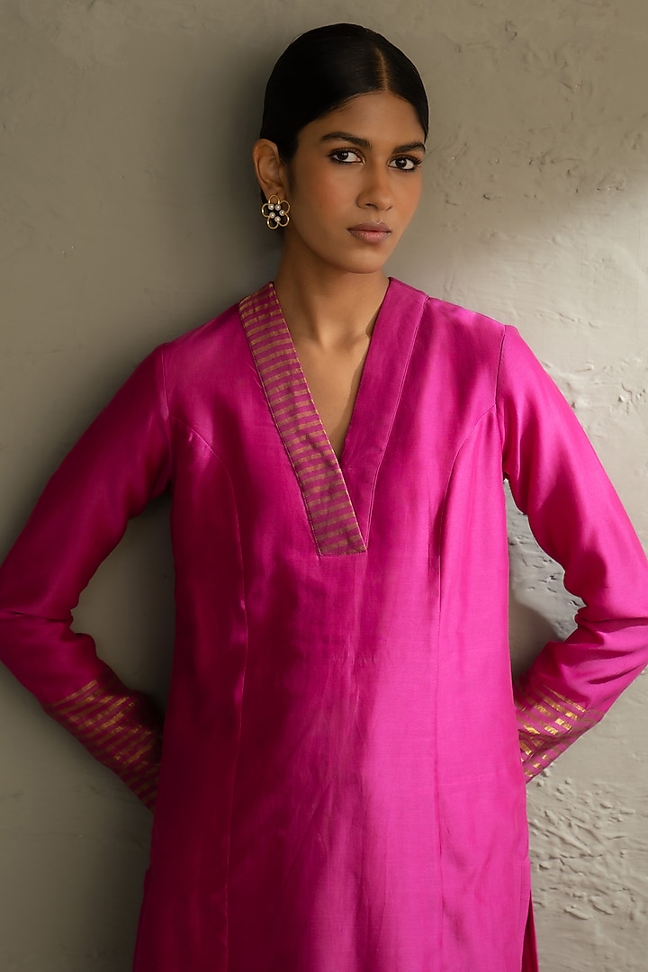 Fuchsia Pink Chanderi & Tissue Striped Kurta Set by Charkhee at Pernia's Pop Up Shop