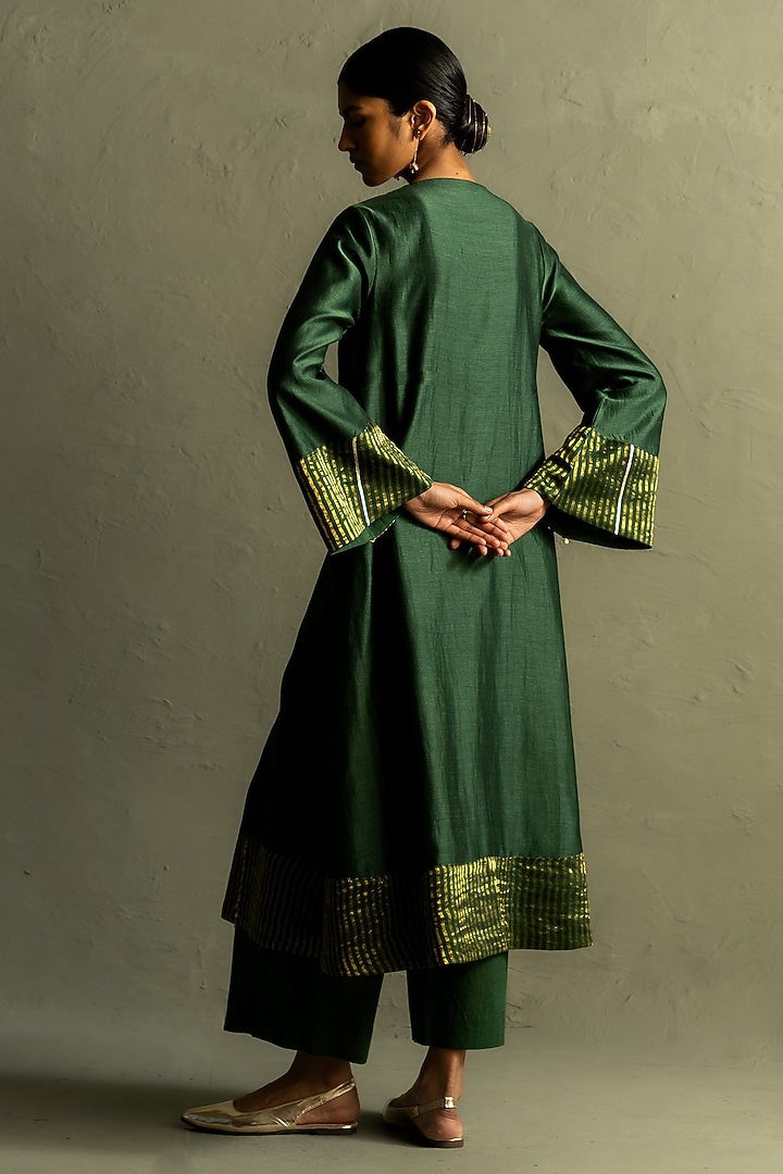 Bottle Green Tissue & Chanderi Kurta Set by Charkhee at Pernia's Pop Up Shop