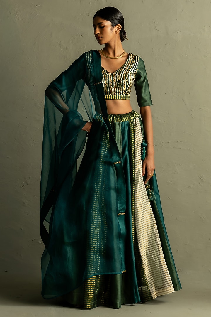 Bottle Green Chanderi & Tissue Wedding Lehenga Set by Charkhee at Pernia's Pop Up Shop