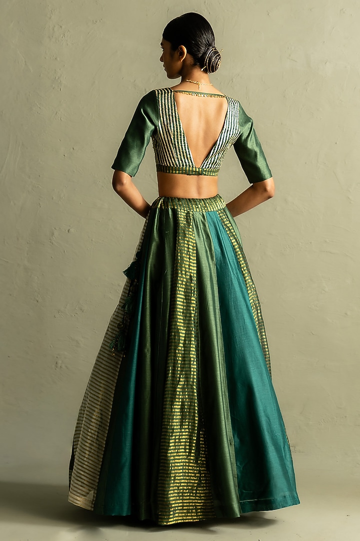 Bottle Green Chanderi & Tissue Wedding Lehenga Set by Charkhee at Pernia's Pop Up Shop