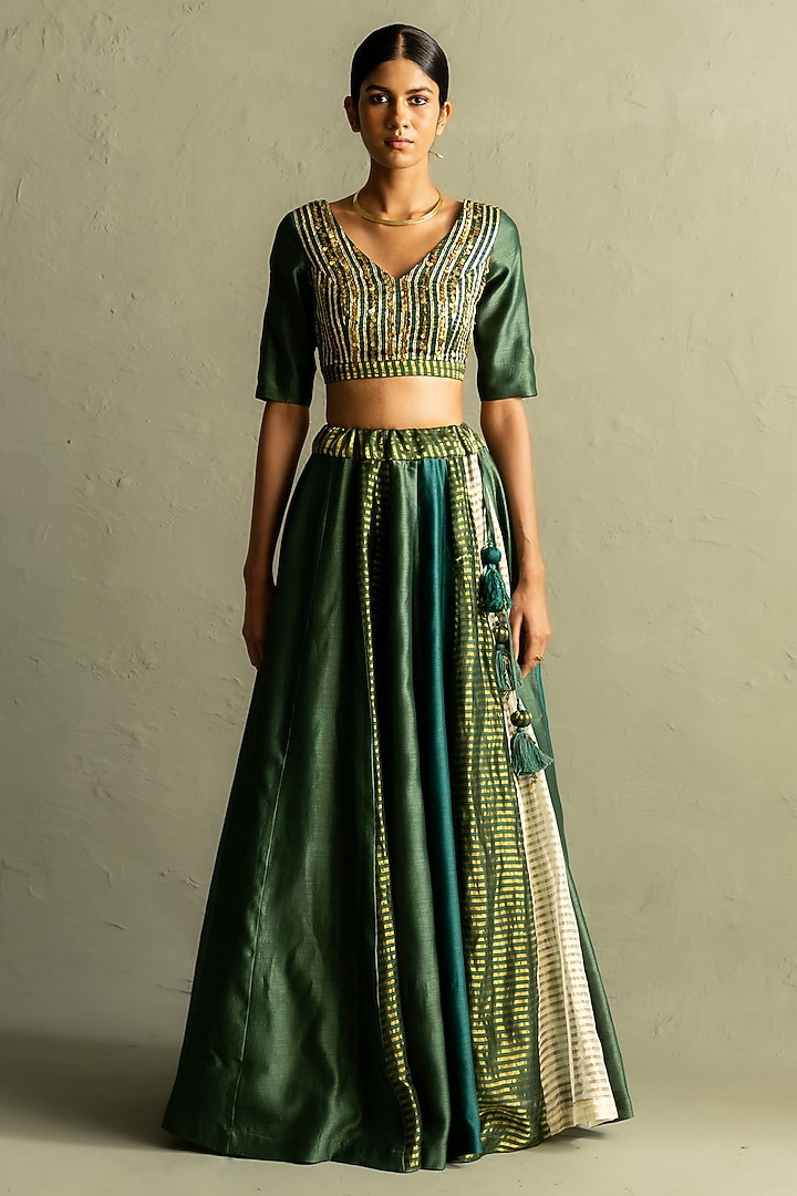 Bottle Green Chanderi & Tissue Wedding Lehenga Set by Charkhee at Pernia's Pop Up Shop