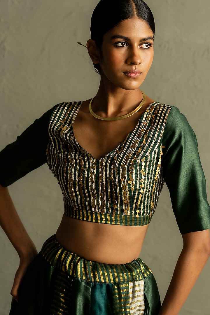 Bottle Green Chanderi & Tissue Wedding Lehenga Set by Charkhee at Pernia's Pop Up Shop