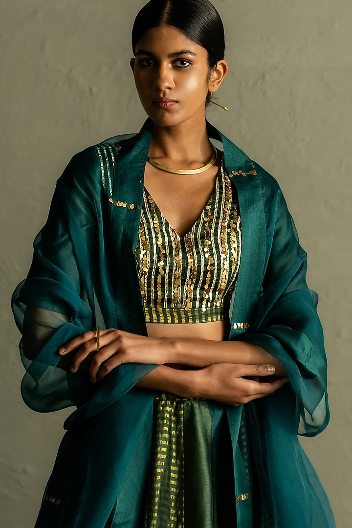Bottle Green Chanderi & Tissue Wedding Lehenga Set by Charkhee at Pernia's Pop Up Shop