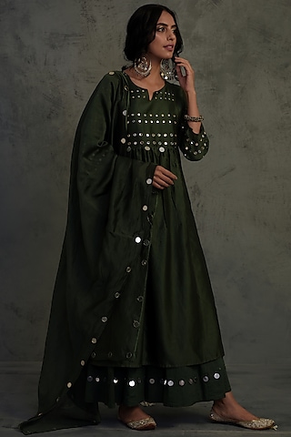 Bottle Green Embroidered Kurta Set by Charkhee