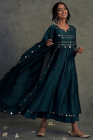 Teal Blue Embroidered Kurta Set by Charkhee