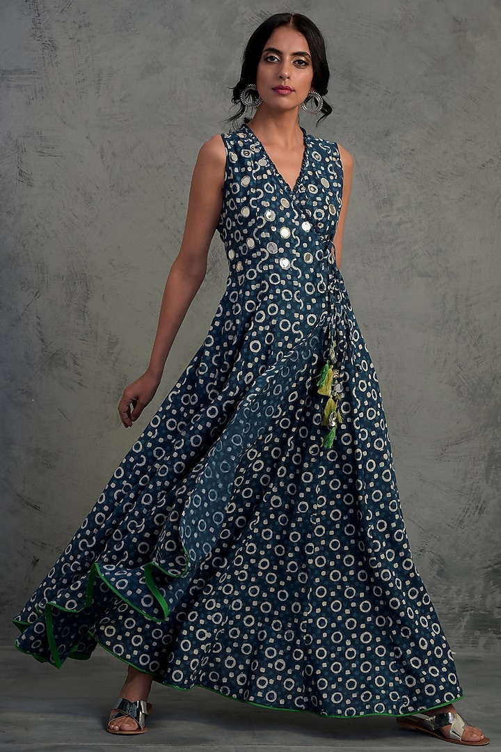 Indigo Blue Printed & Embroidered Dress by Charkhee