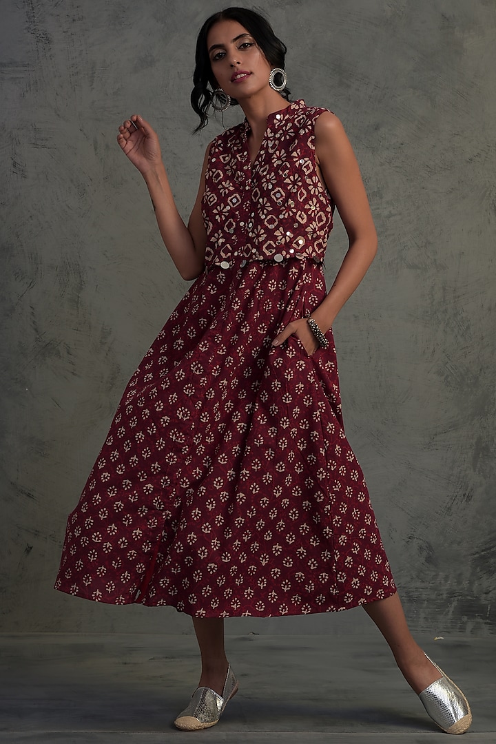 Maroon Printed & Embroidered Dress by Charkhee