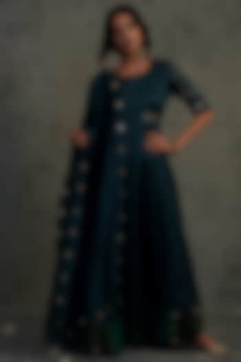 Teal Blue Embroidered Anarkali With Dupatta by Charkhee