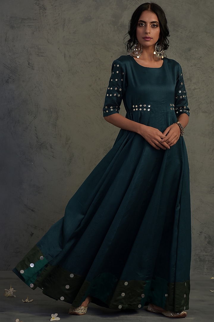 Dark  Deep  Steel  Blue Embroidered Anarkali Set With Dupatta