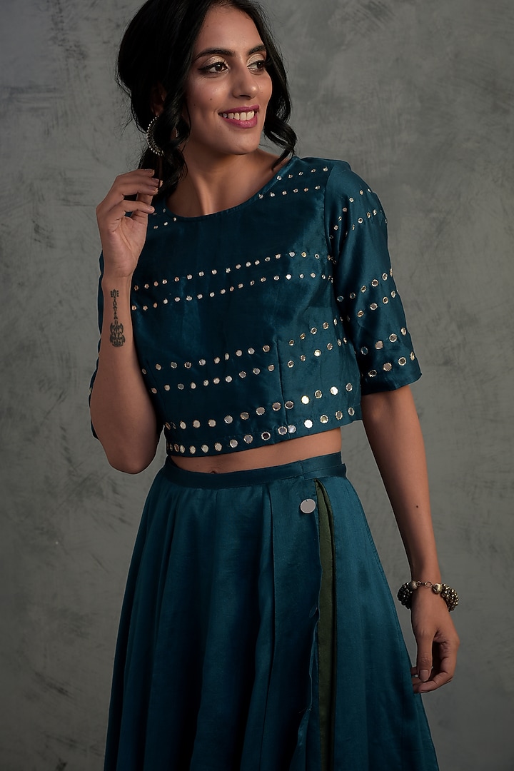 Teal Blue Embroidered Lehenga Set by Charkhee at Pernia's Pop Up Shop