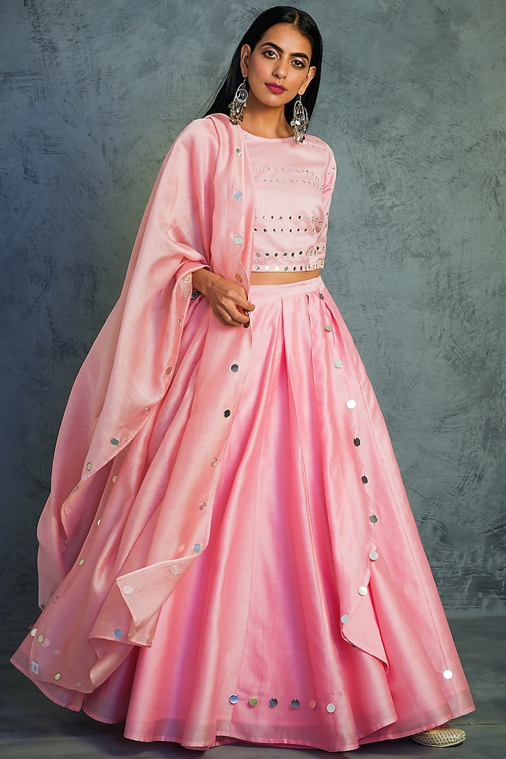 Pink Embroidered Lehenga Set by Charkhee