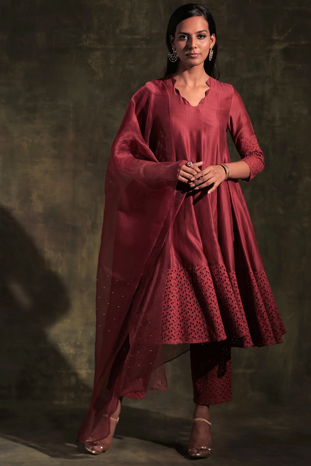 Rust Red Embellished Party Wear Anarkali Set by Charkhee at Pernia's Pop Up Shop