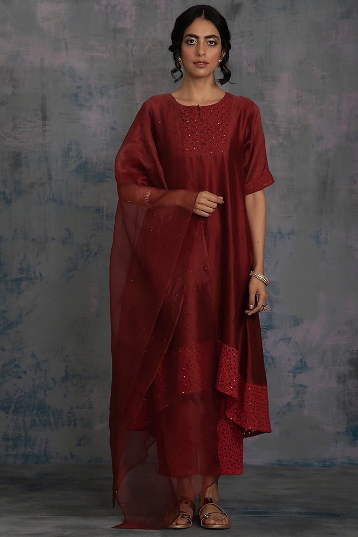 Rust Red Embellished High-Low Kurta Set by Charkhee