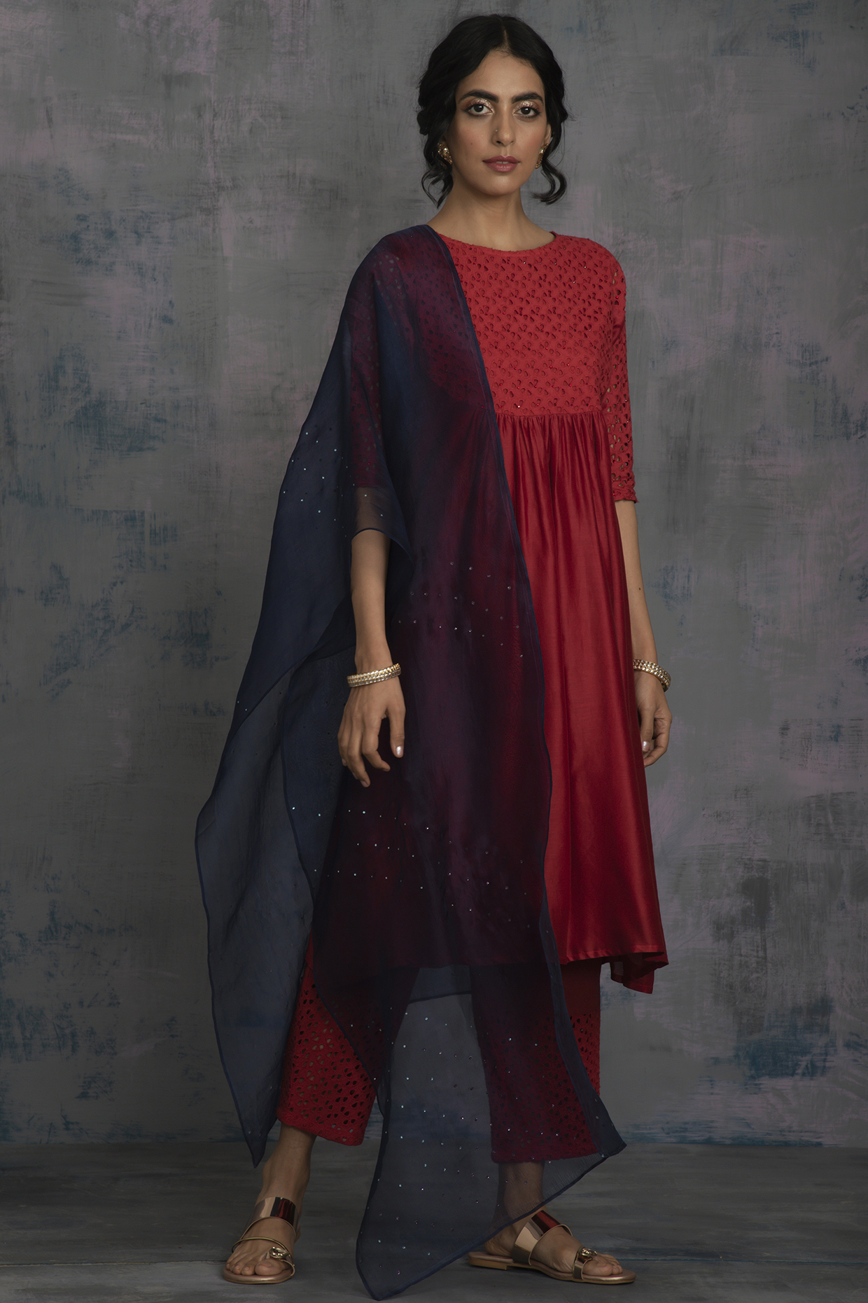 Scarlet Red Embellished Kurta Set by Charkhee