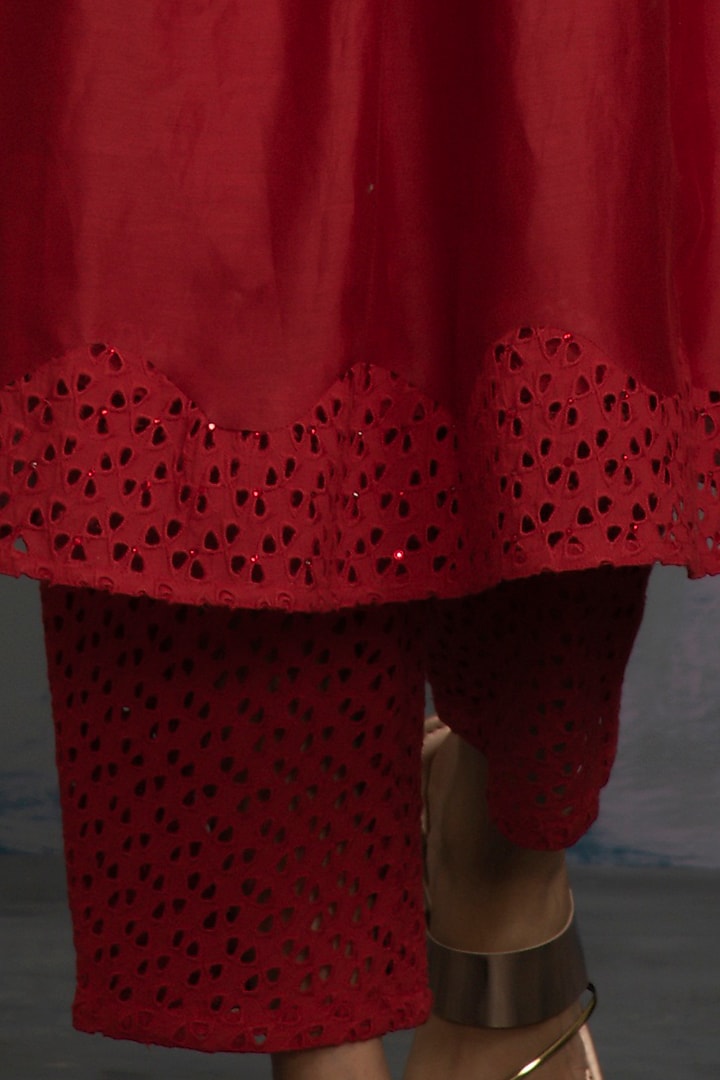 Scarlet Red Kurta Set With Embellishments by Charkhee at Pernia's Pop Up Shop