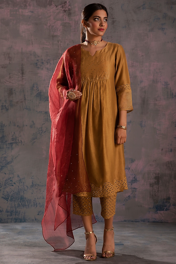 Gold Swarovski Embellished Gathered Kurta Set by Charkhee at Pernia's Pop Up Shop