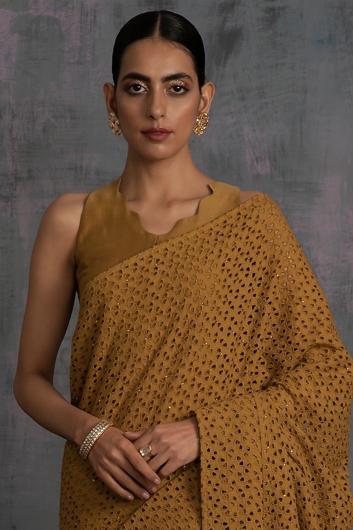Gold Embroidered Party Wear Saree Set by Charkhee at Pernia's Pop Up Shop