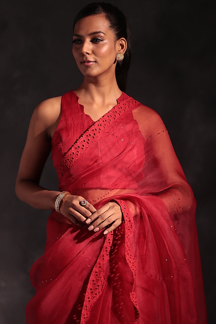 Scarlet Red Embroidered Saree Set by Charkhee