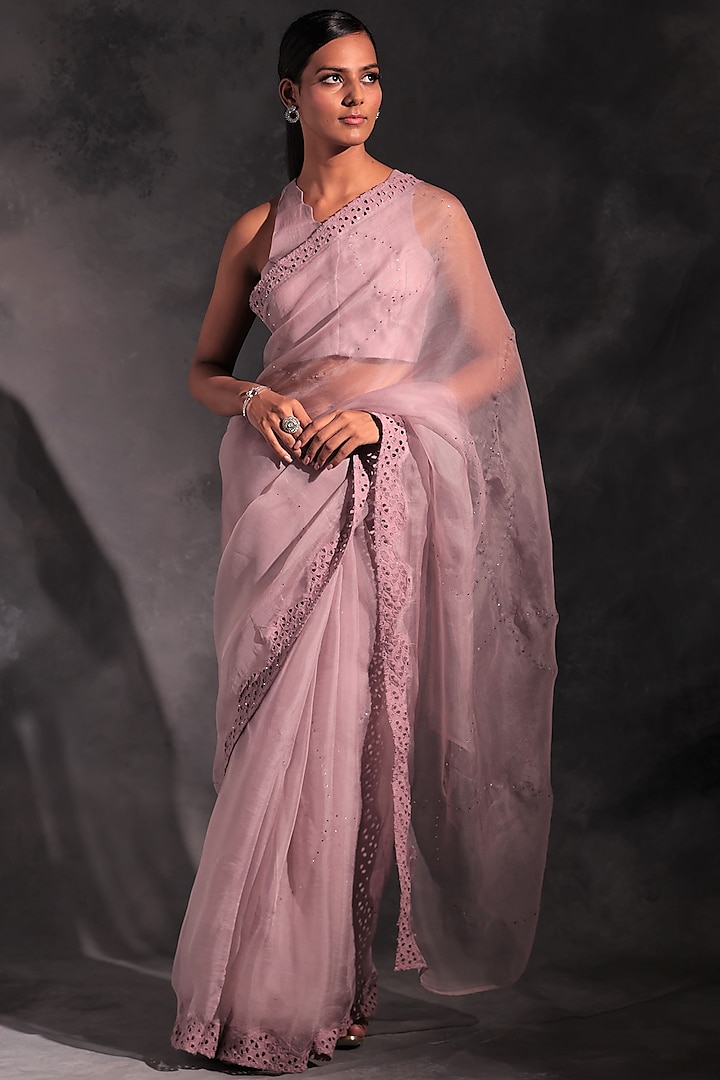 Berry Mauve Embroidered Saree Set by Charkhee