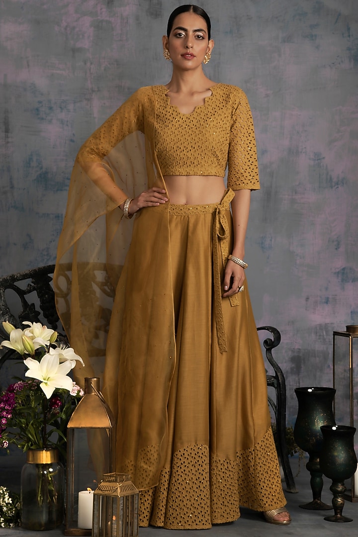 Gold Embroidered Wrap Lehenga Set Design by Charkhee at Pernia's Pop Up