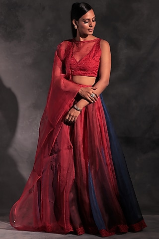 Scarlet Red & Blue Swarovski Embroidered Wrap Lehenga Set by Charkhee