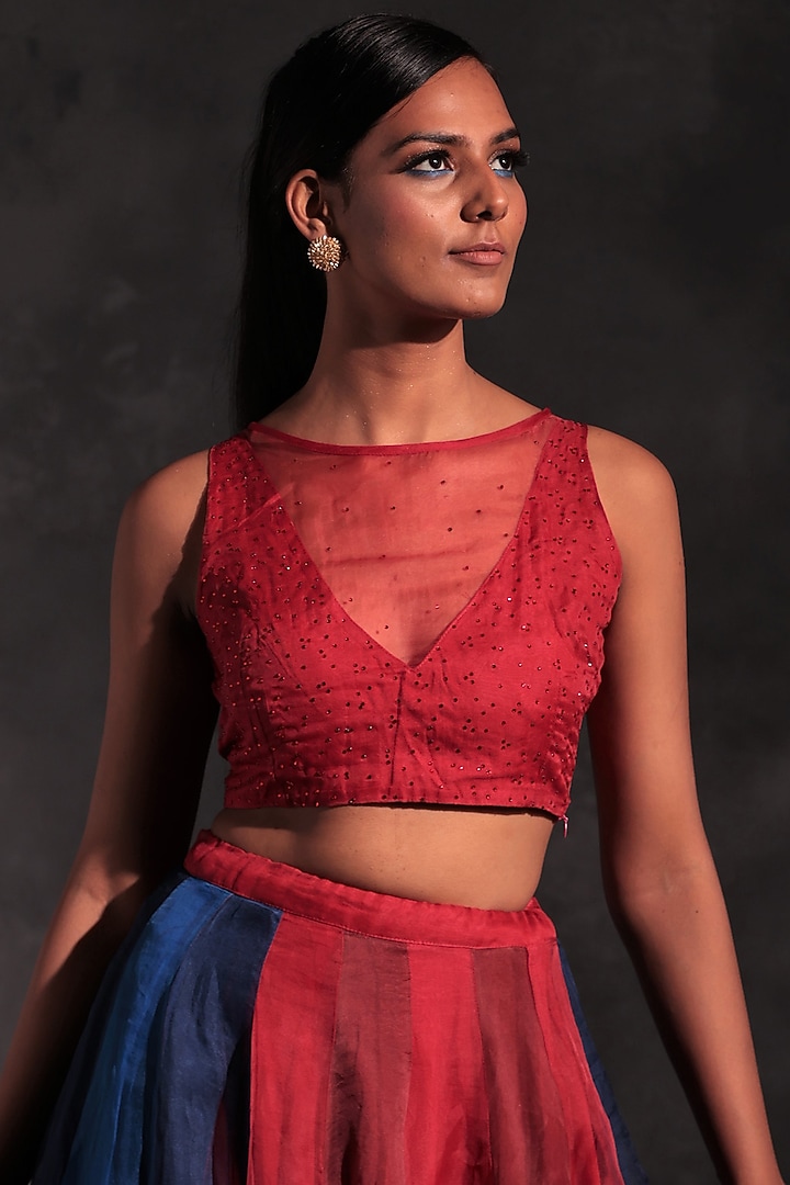 Scarlet Red & Blue Swarovski Embroidered Wrap Lehenga Set by Charkhee at Pernia's Pop Up Shop