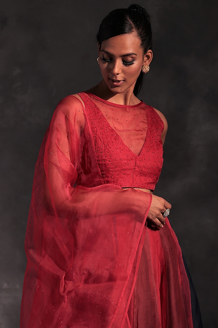 Scarlet Red & Blue Swarovski Embroidered Wrap Lehenga Set by Charkhee at Pernia's Pop Up Shop