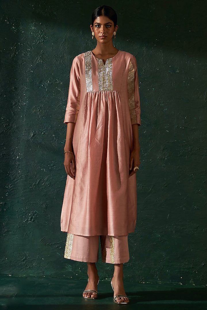 Rose Pink Chanderi Gota Kurta Set by Charkhee at Pernia's Pop Up Shop